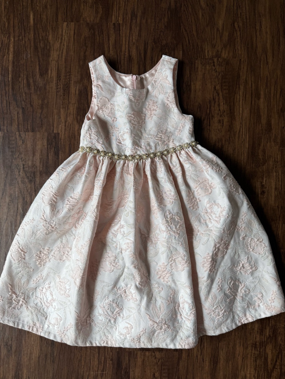American princess Pale Pink Floral Jacquard Dress with Decorative Waistband